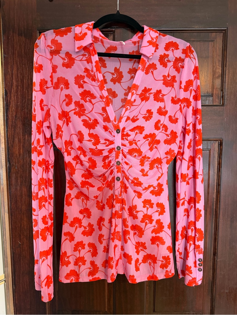 Free People Pink and Red Floral Ruched Button-Front Long Sleeve Top
